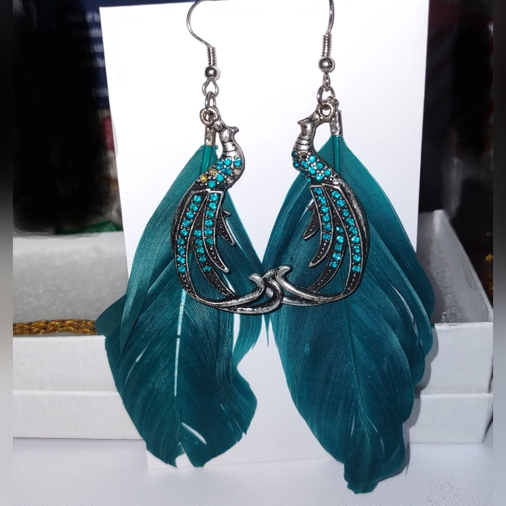 Teal Blue Feather Earrings with Jeweled Peacocks